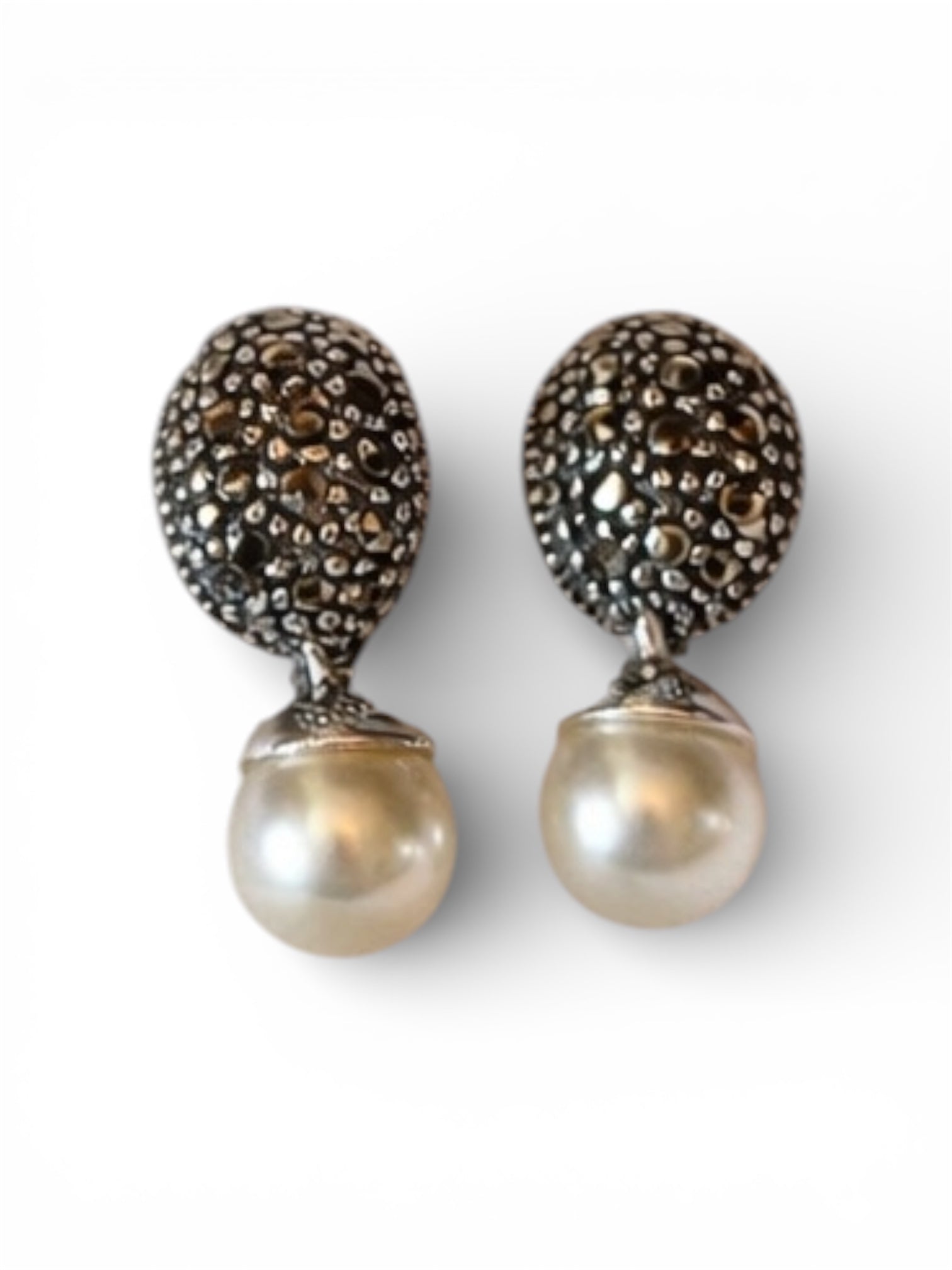 Vintage Sterling Silver Marcasite Earrings with Mother of Pearl Drops