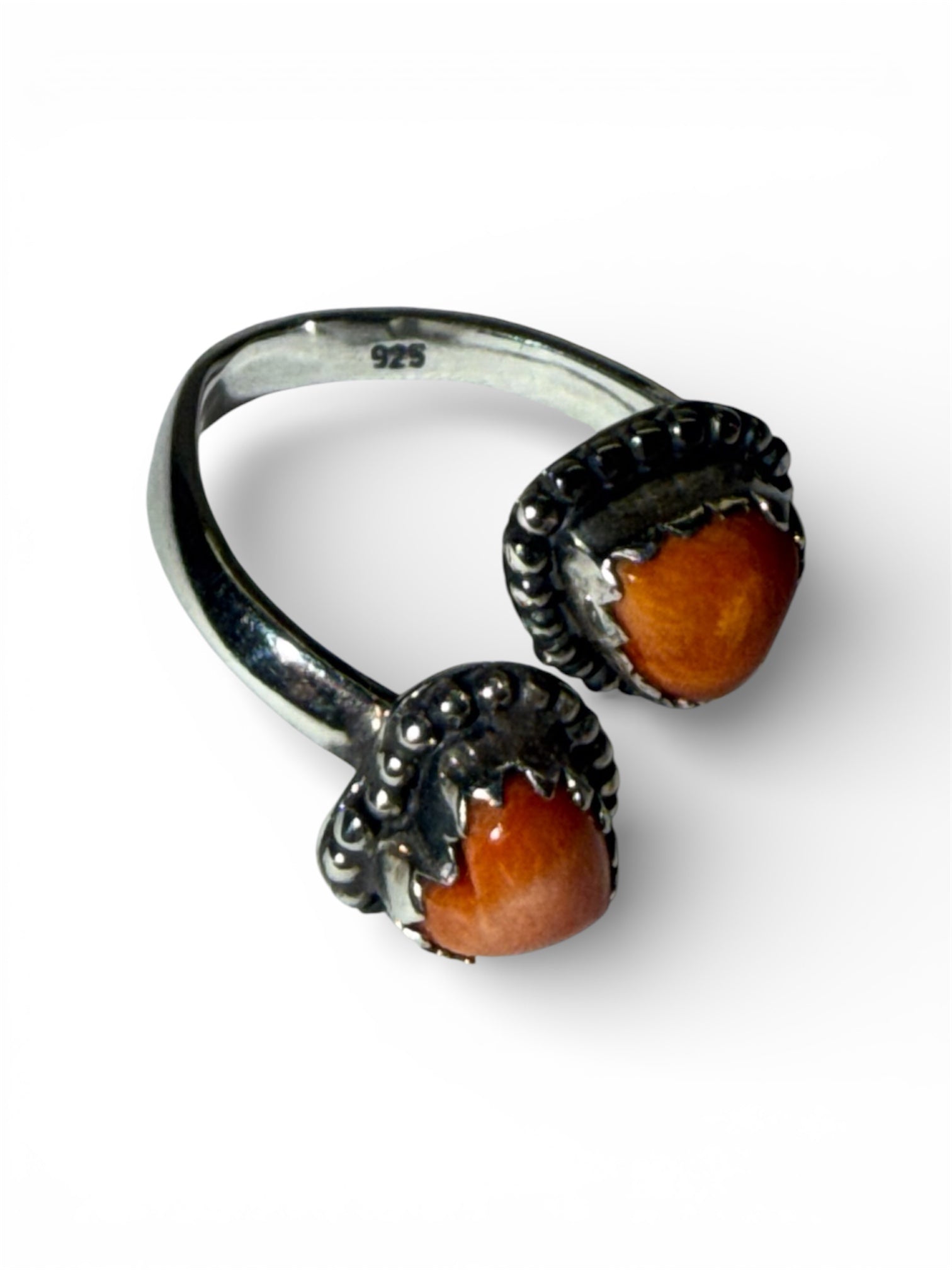 Authentic Orange Spiny Oyster Two Heart Stone Adjustable Ring