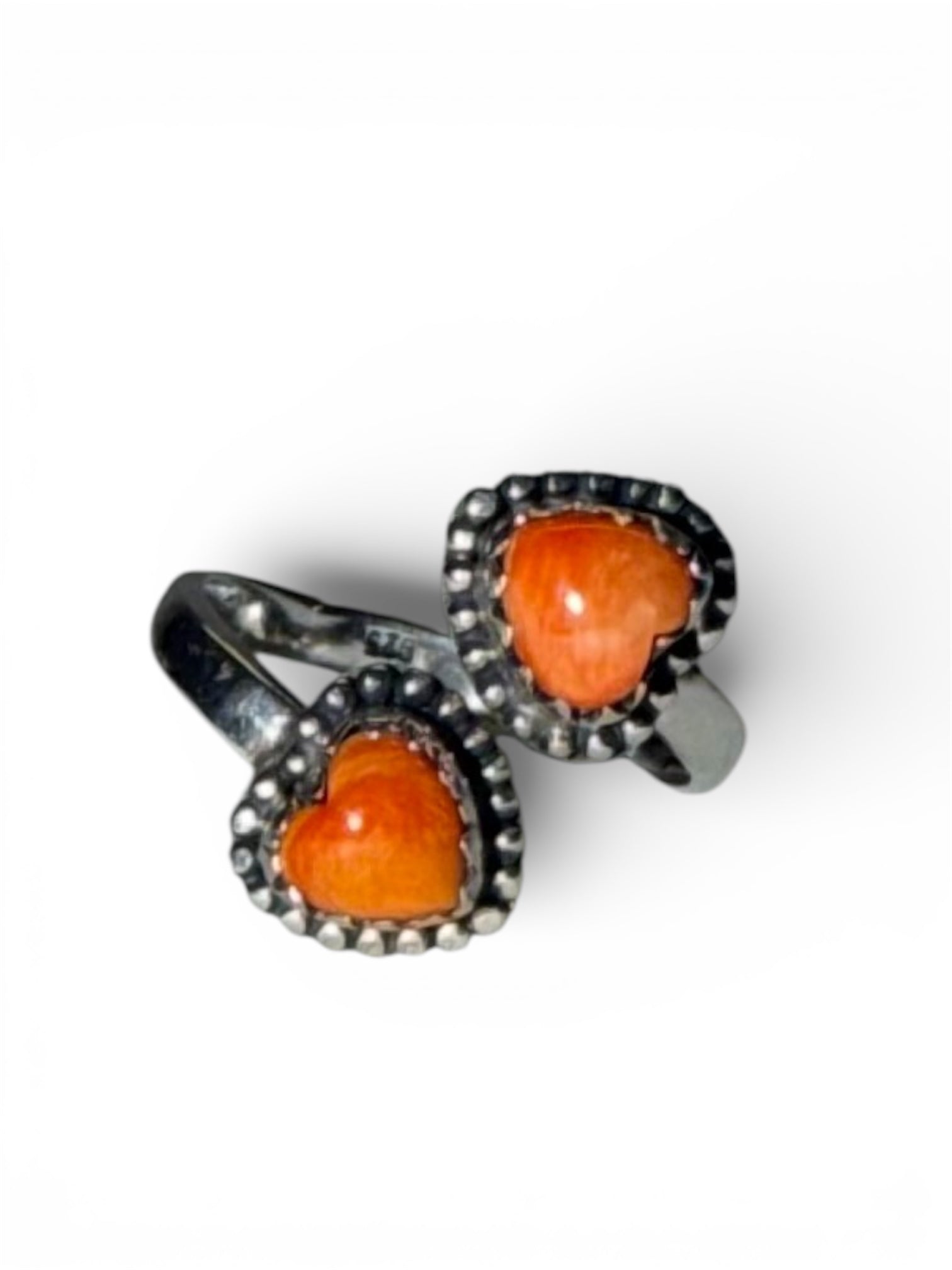 Authentic Orange Spiny Oyster Two Heart Stone Adjustable Ring